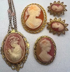 lot 86 image: Cameo Lot Brooches, Earrings, Necklace Coral Color Gold Tone