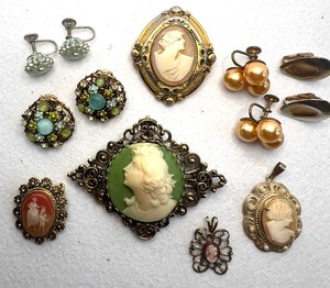 lot 91 image: Vintage Cameo Lot and Arthur Pepper Enamel and Moonstone Earrings