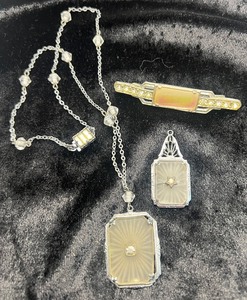 lot 95 image: Art Deco Camphor Glass Necklace and Charm and Cast Metal Mother of Pearl Pin