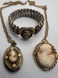 lot 106 image: Lustern 120th GF on Sterling Expandale Cameo Locket Bracelet, Antique Cameo Pendant Brooch