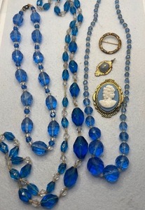 lot 103 image: Art Deco Blue Faceted Crystal Glass Necklaces Cameo and Pin and Charm