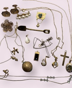 lot 102 image: 12K GF Opal Necklaces, Charms, Locket and Pins Lot
