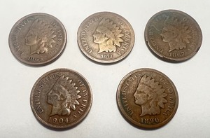 lot 118 image: Lot of 5 Indian Head Pennies 1865-1904