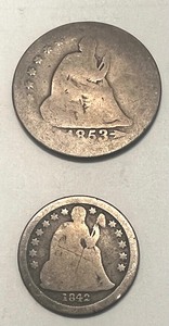 lot 139 image: 1842 Seated Liberty Dime and 1853 Seated Liberty Quarter