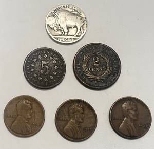 lot 140 image: Buffalo Nickel, 1867 Shield Nickel, Lot of 3 Wheat Pennies