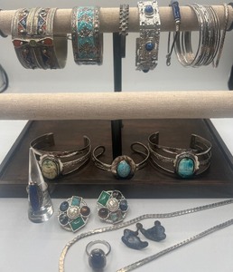 lot 54 image: Tribal Bohemian Style Jewelry Lot Wide Cuff Enamel  Bracelet Moroccon Style Egyptian Revival Scarab Bracelet