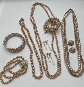 lot 124 image: Marvella Pearl and Gold Double Strand Necklace and Park Lane Earrings Triple Strand Art Deco Faux Pearl Bracelet