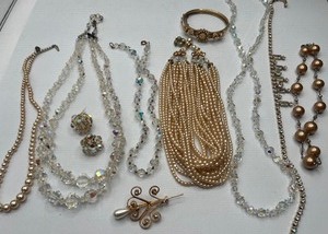 lot 126 image: Six Strand Pearls and Aurora Borealis Crystals Necklace, Miriam Haskell Style Bracelet