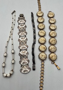 lot 128 image: Vintage Siam Sterling Bracelets Siam Thai Silver Fan Bracelet White Enamel Nielloware Off White and Gold Set