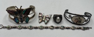 lot 131 image: Vintage Cuff Bracelet Butterfly Inlaid Abalone, Sterling  Abalone Bracelet, Alpaca Butterfly Pin MERAV 925 Sterling Silver Ring