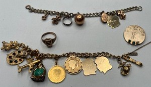lot 135 image: Two Mothers Charm Bracelets Gold Charms, HJ 10K Class Ring,  Mothers Pin 120 12K GF