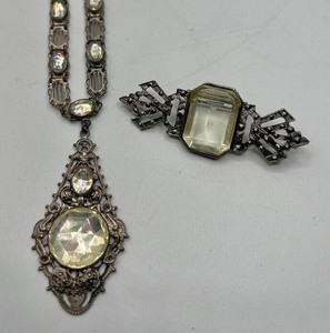 lot 137 image: Art Deco Ornate Brooch with Clear Stone, Victorian Crystal Pendant Opera Length Necklace