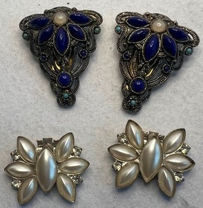 lot 146 image: Lot of 4 - Two Sets - Antique Vintage Dress Clips Pearls and Blue Stones