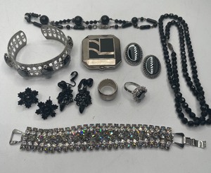 lot 46 image: Uncas Sterling Silver Ring Size 6.5, Whiting Davis Earrings and Black Crystal, Silver and Rhinestones Lot