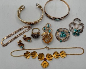 lot 50 image: Aqua Colored Rhinestones Jewelry Lot Bracelets, Brooches, Necklace