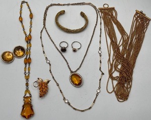 lot 51 image: Art Deco Czech Glass Necklace and Topaz Rhinestone Lot of Jewelry