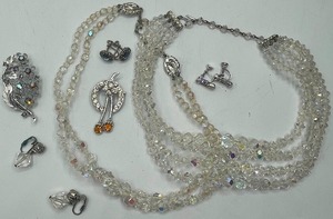 lot 53 image: Aurora Borealis and Colored Rhinestone Jewelry Lot, Lisner Brooch and Filigree Brooch