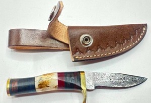 New Custom 5 3/4" Stag Handle Damascus Knife with Leather Sheath