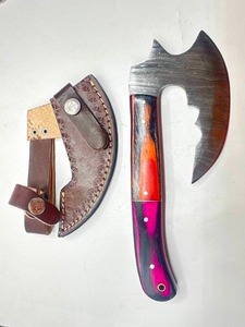 lot 4 image: Custom Forged 9 Damascus Axe  Clever with Leather Sheath
