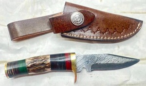 lot 10 image: New Custom 6 Antler Handle Damascus Steel Knife with Leather Sheath