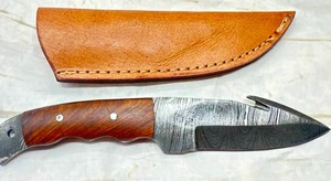 lot 14 image: 8 12 Walnut Handled Damascus Skinner Knife with Leather Sheath