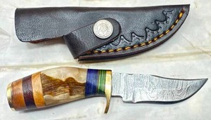New Custom 6" Stag Handled Damascus Knife with Leather Sheath