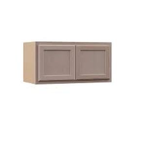 lot 34 image: Hampton Bay 30 in. W x 12 in. D x 15 in. H Assembled Wall Bridge Kitchen Cabinet in Unfinished with Recessed Panel Customer Returns See Pictures