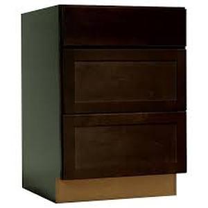 lot 35 image: Hampton Bay Shaker 24 in. W x 24 in. D x 34.5 in. H Assembled Drawer Base Kitchen Cabinet in Java with Ball-Bearing Glides Customer Returns See Pictures