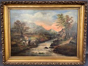 lot 1 image: Antique Shepherd Landscape Oil Painting with Ornate Frame - Artist Signed