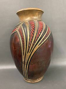 lot 2 image: Signed Handmade Geometric Design Pottery Vase