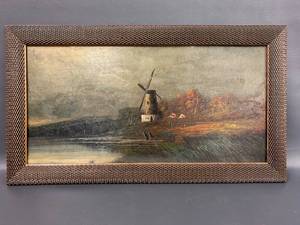 lot 4 image: Vintage Framed Windmill Landscape Painting