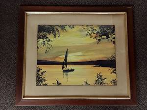 lot 7U image: Vintage Edith E. Brill Sunset Paradise Framed Watercolor Painting
