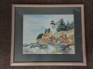 lot 10U image: Barbara Johansen Framed Lighthouse Watercolor Painting