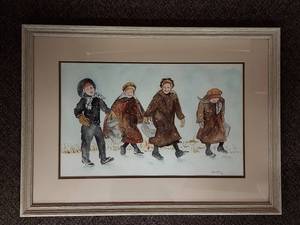 lot 11U image: Signed Watercolor Amish Children Framed Wall Art Winter Scene Home Decor