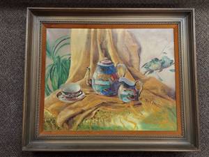 lot 23U image: Zsuzsanna Suger (Hungary) Original Still Life Painting with Tea Set & Bird