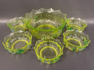 lot 23 image: Vintage Uranium Glass Bowl Set Handpainted Floral Design