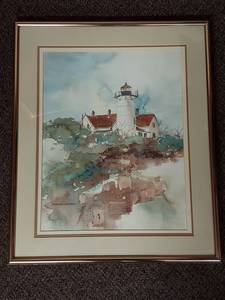 lot 28U image: Barbara Johansen Framed Lighthouse Watercolor Painting 30