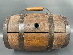 lot 35 image: Vintage Wooden Barrel with Metal Bands