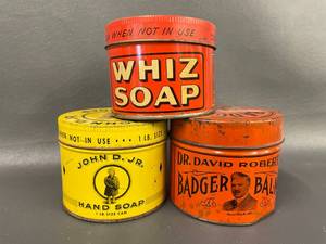 lot 37 image: Vintage Soap Tins Collection - Whiz Soap, Badger Balm, etc.