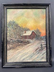 lot 42 image: Excellent Winter Landscape Cabin Oil Painting in Wood Frame