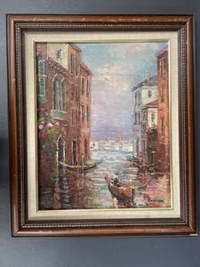 lot 44 image: Bassianni Venice Canal Scene Oil Painting - Double Sided
