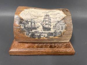 lot 48 image: Dockside 1786 Scrimshaw by Peter Kinney, Mammoth Ivory