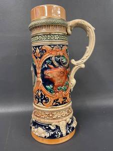 lot 55 image: Vintage German Beer Stein with Animal Motifs - Stag, Cow & Dog