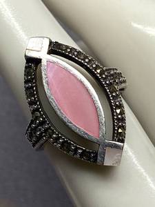 lot 60B image: Vintage Marquise Pink Marcasite Sterling Silver Ring Size 4.75