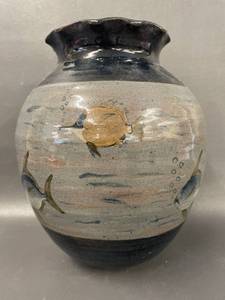 lot 65 image: Jamaican Handcrafted Fish Motif Pottery Vase