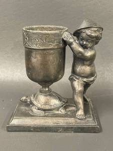 lot 85 image: Antique Silverplate Reed & Barton Cherub Turtle Toothpick  Match Holder