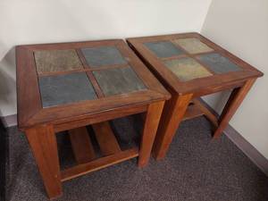 lot 87 image: Wood Slate Tile End Table Pair