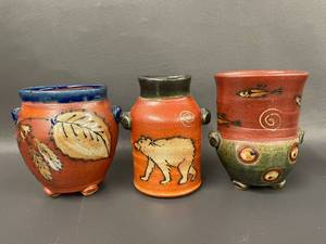lot 91 image: Handmade Artisan Pottery Vases with Animal Motifs