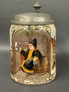 lot 99 image: Vintage German Beer Stein w Pewter Lid, Munich Art