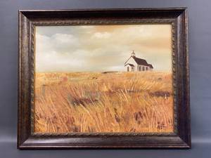 lot 117A image: Original Framed Oil Painting Rustic Church Scene Art